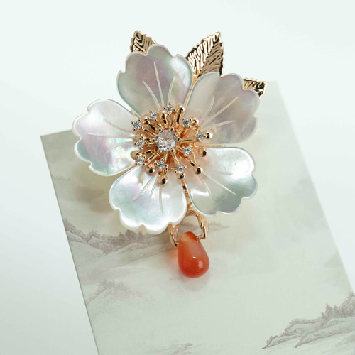 2WAY ブローチ＆帯留め 白蝶貝による花 天然石赤メノウ ブローチ JOS