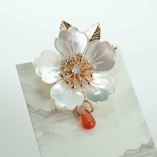 2WAY ブローチ＆帯留め 白蝶貝による花 天然石赤メノウ ブローチ JOS
