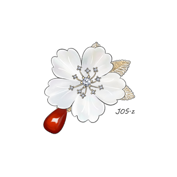 2WAY ブローチ＆帯留め 白蝶貝による花　 天然石赤メノウ 3枚目の画像