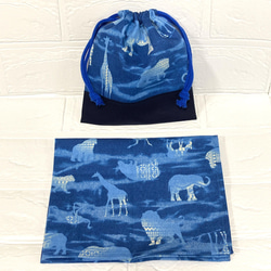 給食袋　巾着　二枚仕立て　ランチマット　35✖️45 男の子　動物　アニマル　青　ブルー　記名スペース有り 2枚目の画像