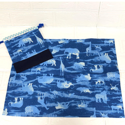給食袋　巾着　二枚仕立て　ランチマット　35✖️45 男の子　動物　アニマル　青　ブルー　記名スペース有り 5枚目の画像