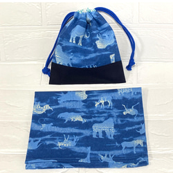 給食袋　巾着　二枚仕立て　ランチマット　35✖️45 男の子　動物　アニマル　青　ブルー　記名スペース有り 6枚目の画像