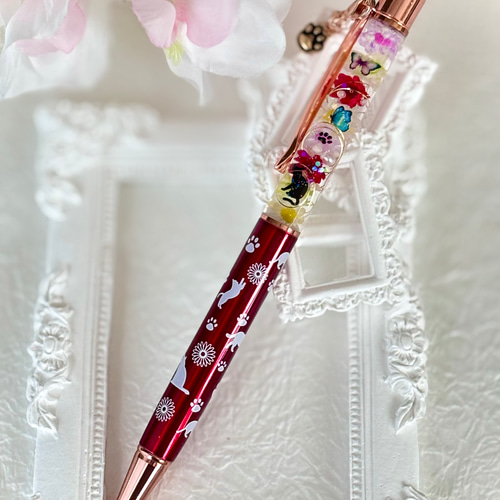 名入れ可☆猫足跡チャーム付☆替芯付】ハーバリウム ボールペン 猫