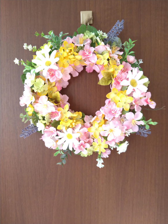 ❤桜と菜の花の可愛くて素敵なフラワーリース　春リース　玄関リース　壁飾り　一点物　母の日ギフト 9枚目の画像