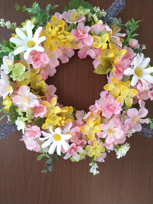 ❤桜と菜の花の可愛くて素敵なフラワーリース　春リース　玄関リース　壁飾り　一点物　母の日ギフト 6枚目の画像