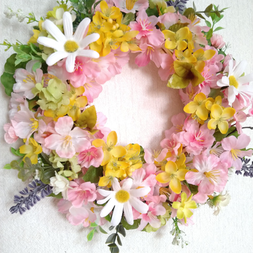 ❤桜と菜の花の可愛くて素敵なフラワーリース 春リース 玄関リース 壁