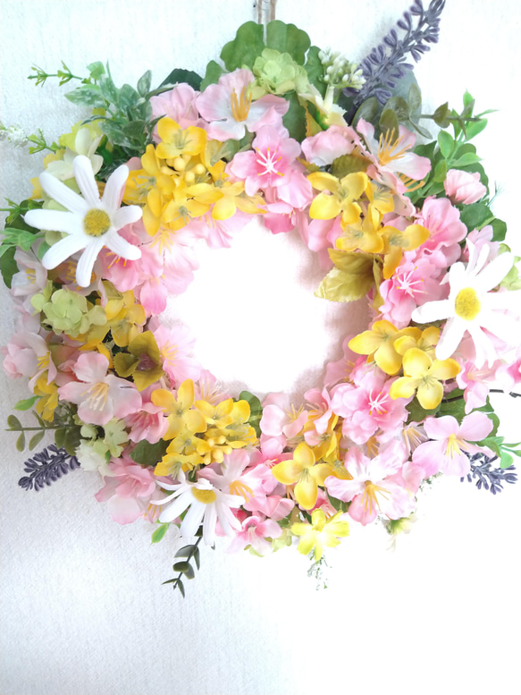 ❤桜と菜の花の可愛くて素敵なフラワーリース　春リース　玄関リース　壁飾り　一点物　母の日ギフト 3枚目の画像