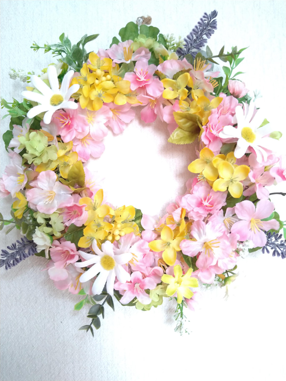 ❤桜と菜の花の可愛くて素敵なフラワーリース 春リース 玄関リース 壁