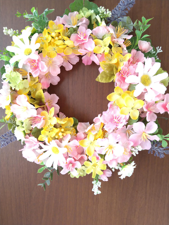 ❤桜と菜の花の可愛くて素敵なフラワーリース　春リース　玄関リース　壁飾り　一点物　母の日ギフト 8枚目の画像