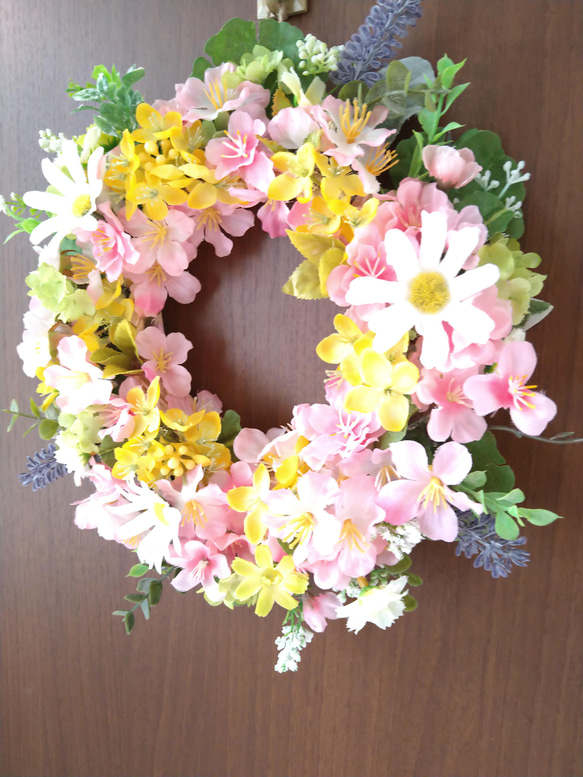 ❤桜と菜の花の可愛くて素敵なフラワーリース　春リース　玄関リース　壁飾り　一点物　母の日ギフト 7枚目の画像
