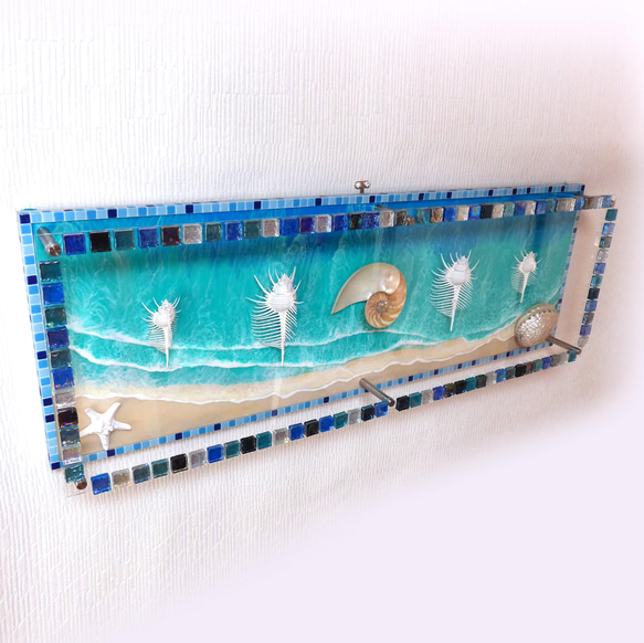 アートパネル 碧のビーチ&シェル(貝ガラ) 900×300 レジンアートパネル 海／壁掛けパネル　パワーシェル 4枚目の画像