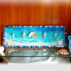 アートパネル 碧のビーチ&シェル(貝ガラ) 900×300 レジンアートパネル 海／壁掛けパネル　パワーシェル 7枚目の画像