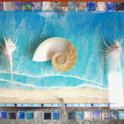 アートパネル 碧のビーチ&シェル(貝ガラ) 900×300 レジンアートパネル 海／壁掛けパネル　パワーシェル 9枚目の画像