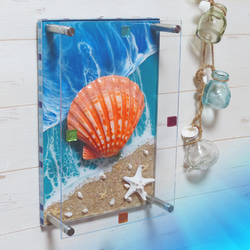 アートパネル 海　碧のビーチ&シェル(貝ガラ) レジンアート　壁掛けパネル ディスプレイ　パワーシェル 3枚目の画像