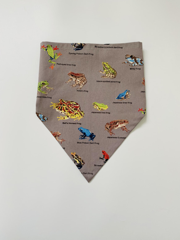 カラフルなカエル柄☆100〜110サイズこどもエプロン、三角巾、巾着3点セット 6枚目の画像