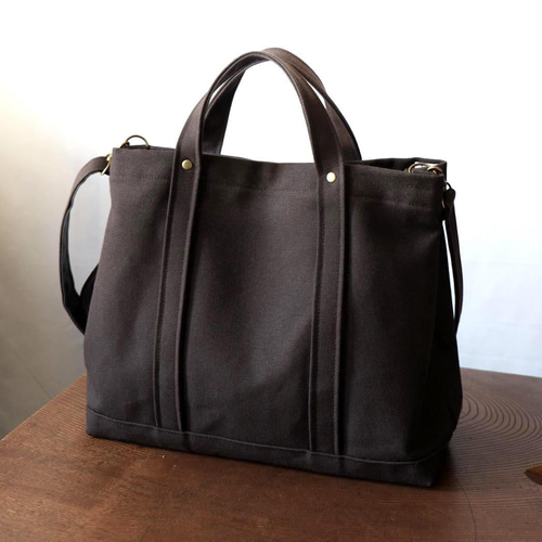 ハンドメイド、トートバック、倉敷帆布、横長ラウンド、ブラック 倉敷帆布 トートバッグ ブラック M レディース メンズ レザー