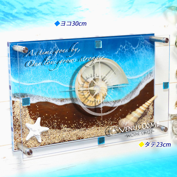 アートパネル 壁掛け　碧のビーチ&シェル(貝殻) 230×300　レジンアートパネル ディスプレイ　パワーシェル １ 1枚目の画像