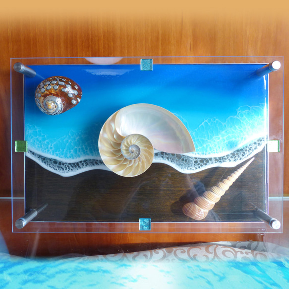 アートパネル 壁掛け　碧のビーチ&シェル(貝殻) 230×300　レジンアートパネル ディスプレイ パワーシェル ２ 3枚目の画像
