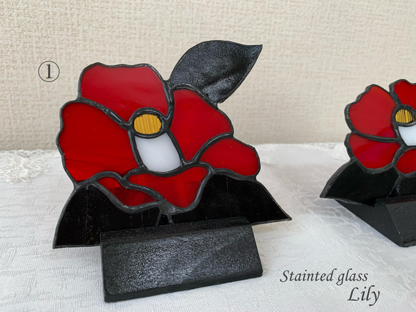 ステンドグラス 「紅色の藪椿」椿　camellia 3枚目の画像