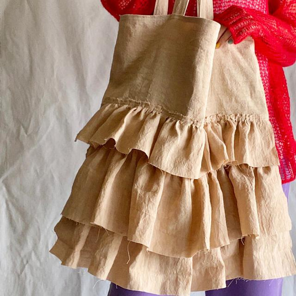 European linen big frill bag (milk tea) 2枚目の画像