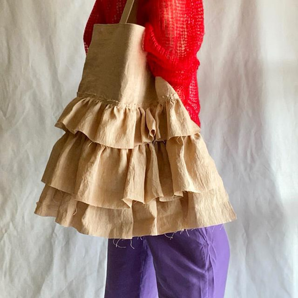 European linen big frill bag (milk tea) 1枚目の画像