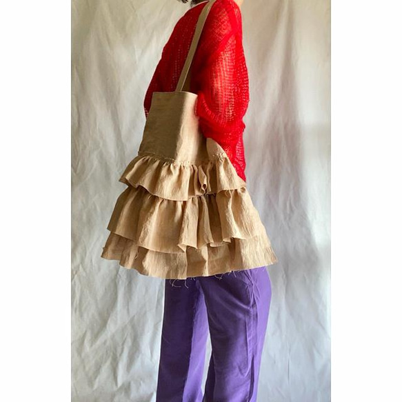 European linen big frill bag (milk tea) 7枚目の画像