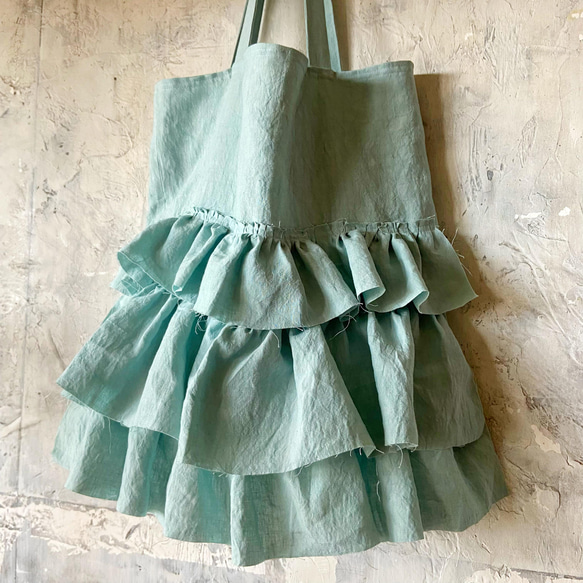 European linen big frill bag (mint blue) 10枚目の画像