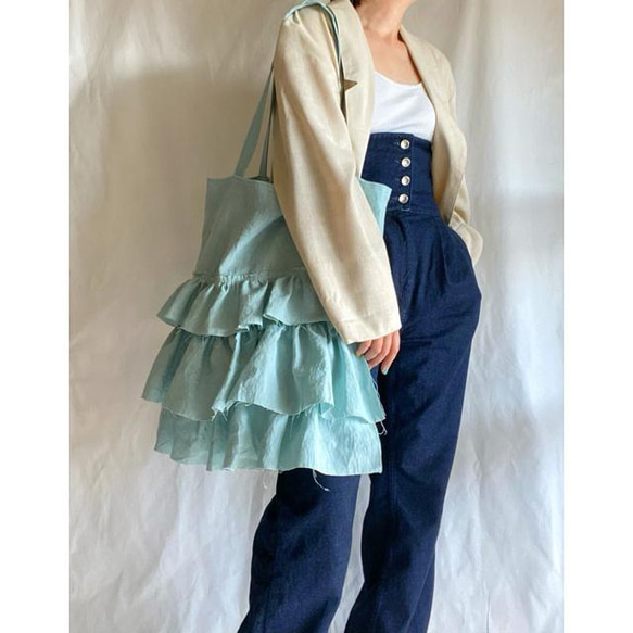 European linen big frill bag (mint blue) 3枚目の画像