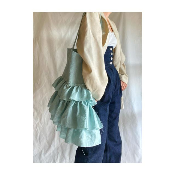 European linen big frill bag (mint blue) 6枚目の画像