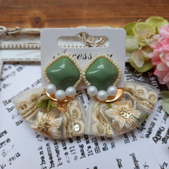 新作⭐　ツイード　ケミカルレース　ボタン　カボション　ピアス　イヤリング　赤　春 新作⭐ ツイード ケミカルレース ボタン カボション ピアス イヤリング