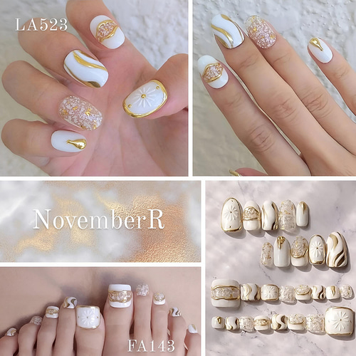 LA523☆白＆ゴールドミラーネイル ネイルチップ（つけ爪） NovemberR