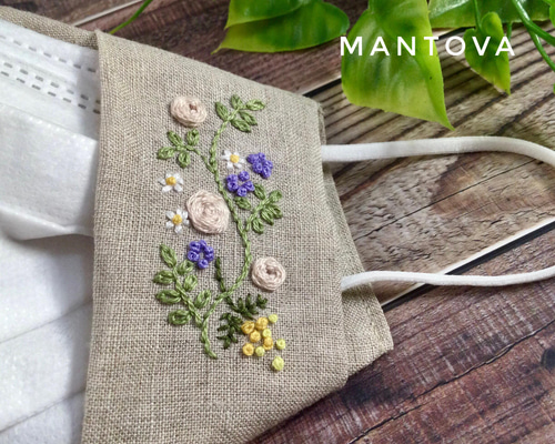 マスク手刺繍 リネンマスクカバー 手刺繍 ナチュラルガーデン マスクカバー