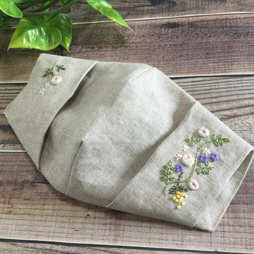 マスク手刺繍 リネンマスクカバー 手刺繍 ナチュラルガーデン マスクカバー