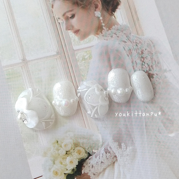 白い花のワルツⅠ＊ネイルチップ 付け爪 つけ爪 結婚式 ブライダル ウェディング 白無垢 成人式 5枚目の画像