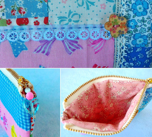 ●リボン＊小花柄＊ピンクとブルーの可愛いミニミニフラットポーチ● 4枚目の画像