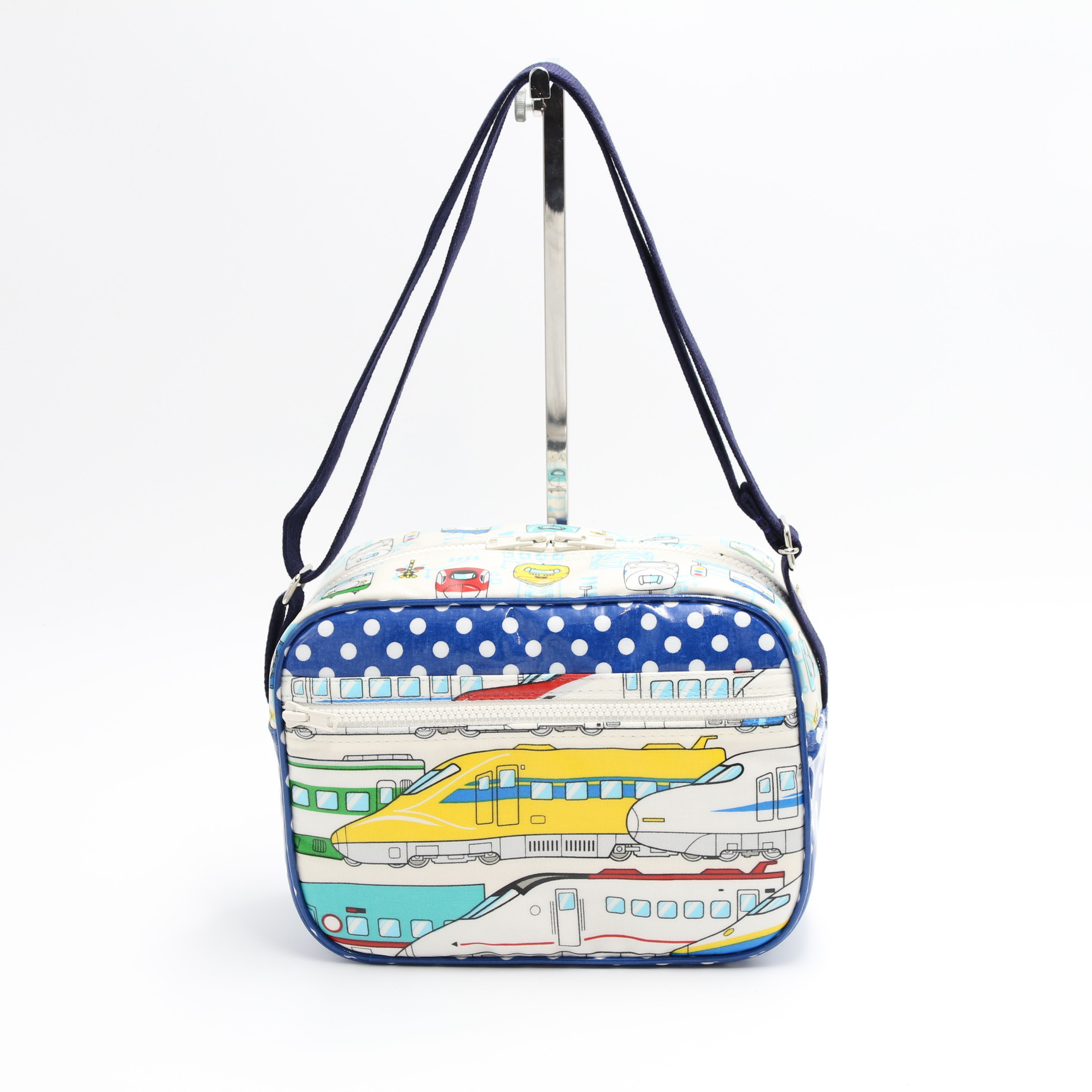 受注製作　通園ショルダーバッグ　防水・撥水ラミネート素材の通園バッグ　電車　乗り物　青水玉　幼稚園バッグ　保育園　男の子 5,200円