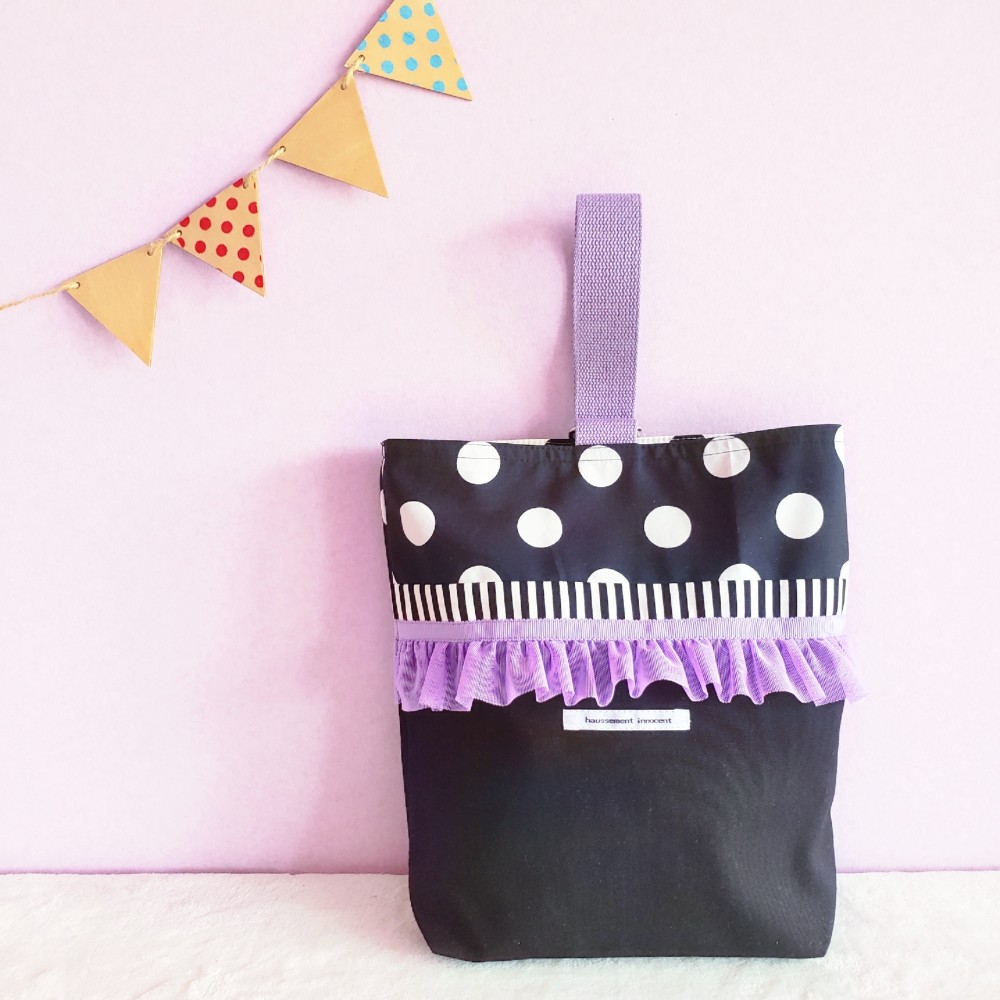 【3点セット】パープルフリルとモノクロのスタイリッシュな●レッスンバッグ　●ナップサッ　●シューズケース【サイズ変更可】