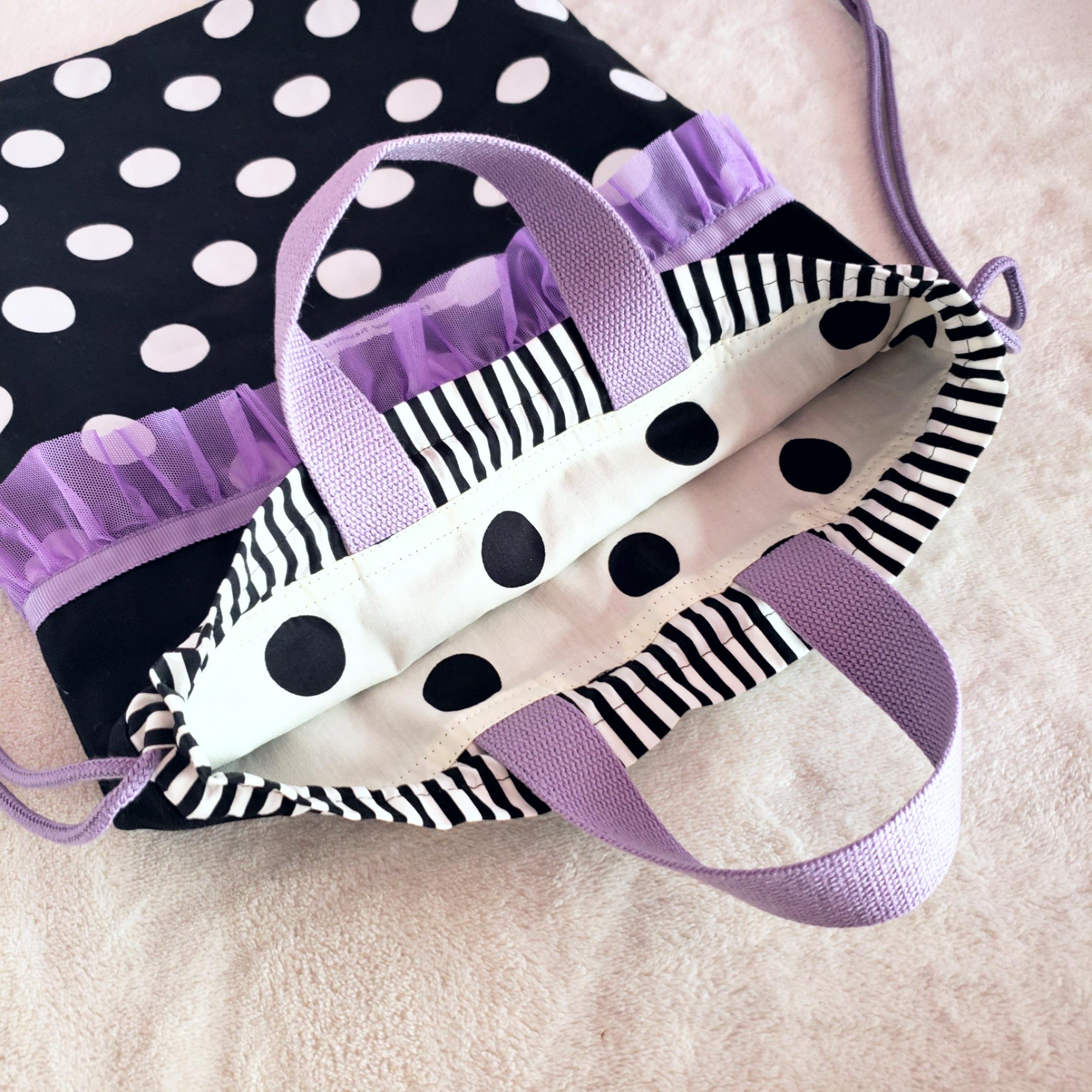 【3点セット】パープルフリルとモノクロのスタイリッシュな●レッスンバッグ　●ナップサッ　●シューズケース【サイズ変更可】