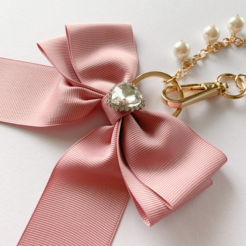 ハートビジュー付きビッグリボンバッグチャーム/ピンク/602-3 バッグ