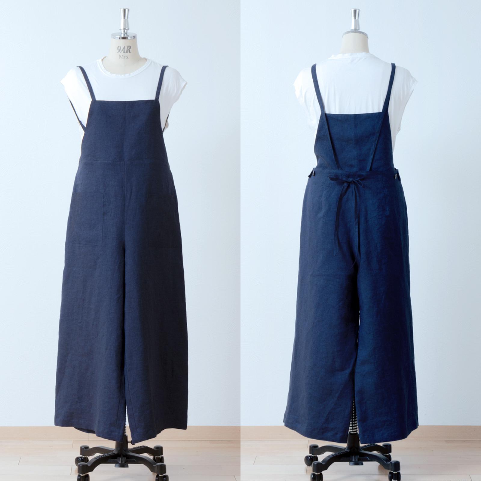 ゆるりと大人かわいいサロペットワイドパンツ-リネン/ネイビーシャンブレー