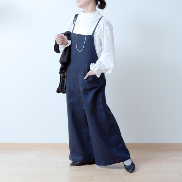 寬鬆可愛工裝褲寬褲-亞麻/海軍藍青年布 第4張的照片
