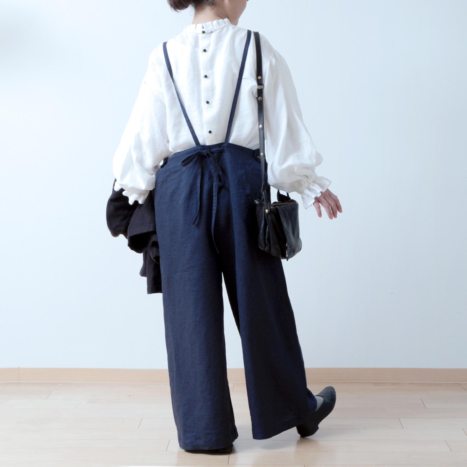 ゆるりと大人かわいいサロペットワイドパンツ-リネン/ネイビーシャンブレー