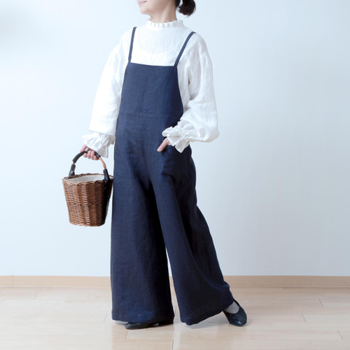 ゆるりと大人かわいいサロペットワイドパンツ-リネン/ネイビー
