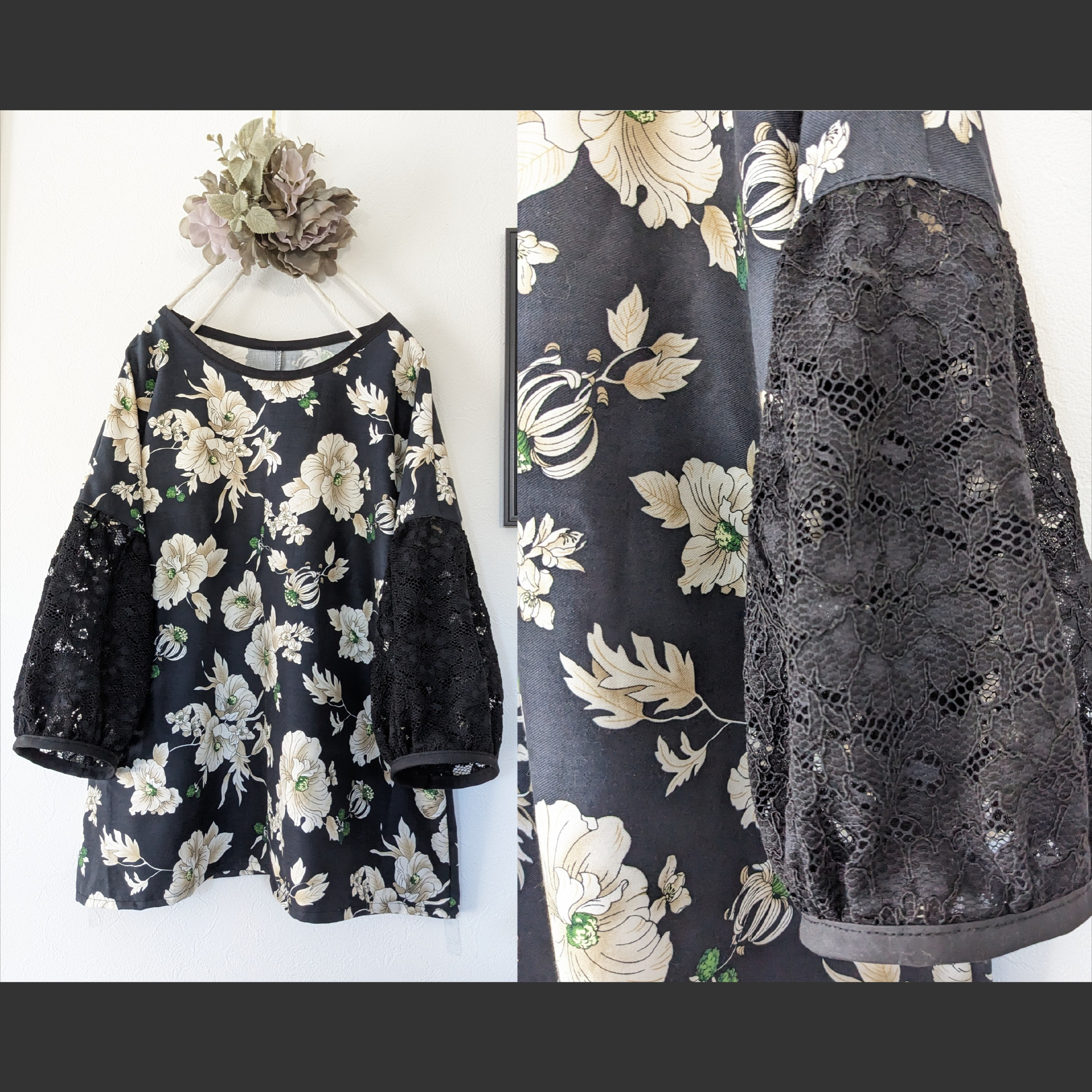 ♡ブラッククラシカル花柄♡パフ袖レースブラウス♡ワンピに変更可能