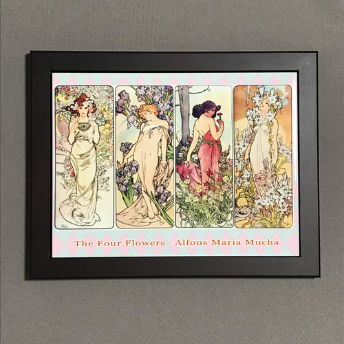 ミュシャ 四つの花（アイリス・バラ）　絵画　額縁つき ミュシャ 四つの花（アイリス・バラ）絵画額縁つき