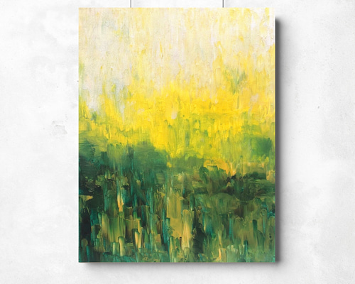 抽象油彩画 黄色と緑の葉 約25cm 原画 油絵 ナチュラルブレス 草原と水と花のアート 抽象画 F0号
