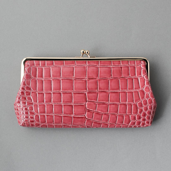 送料無料 Filness ペール エナメル クロコ がま口 長財布 軽量 国産 牛革 ピンクゴールド サクラ 桜色 5枚目の画像