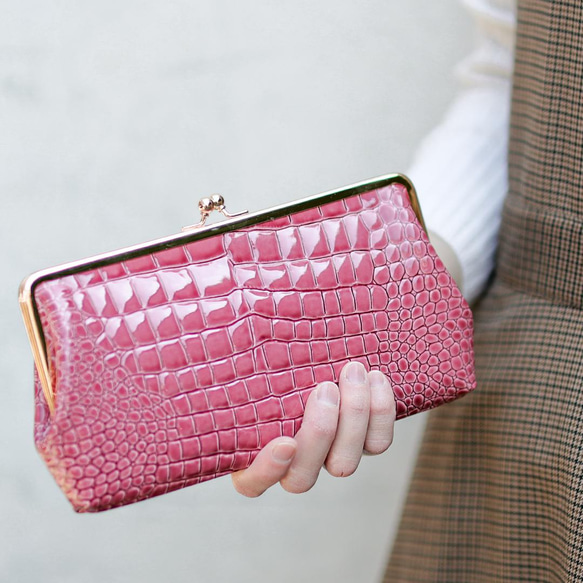 送料無料 Filness ペール エナメル クロコ がま口 長財布 軽量 国産 牛革 ピンクゴールド サクラ 桜色 7枚目の画像
