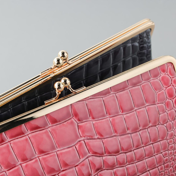 送料無料 Filness ペール エナメル クロコ がま口 長財布 軽量 国産 牛革 ピンクゴールド サクラ 桜色 6枚目の画像