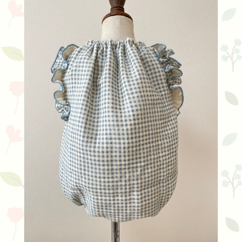 ギンガムチェックふんわりロンパース 水色 70サイズ ベビー服 